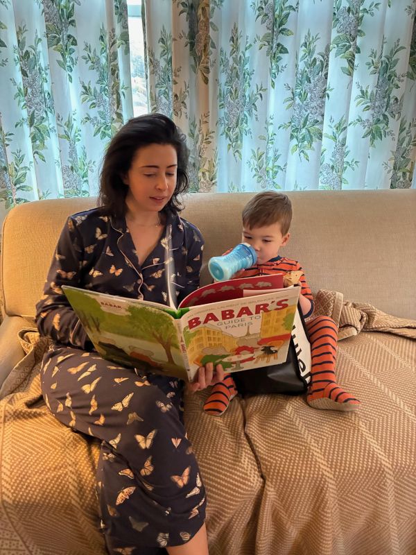 Pajamas and Reading Books on the Sofa