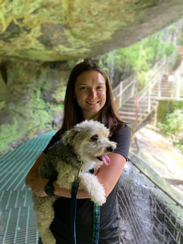 Exploring a Waterfall on a Hike With Wrigley