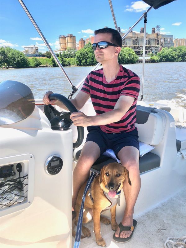 Trey & Our Dog, Sam, Boating